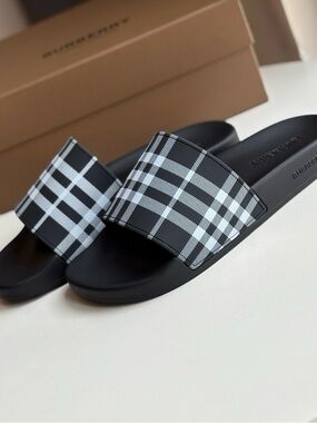 Burberry Black & White Plaid Slide Sandals for Men